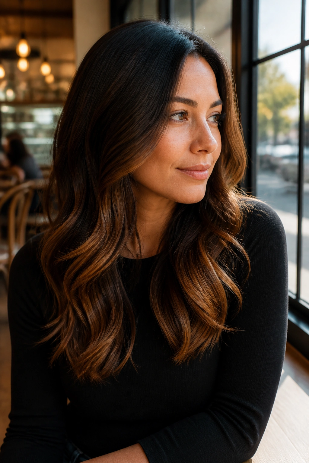 Portrait of a real woman with cinnamon brown balayage and soft waves