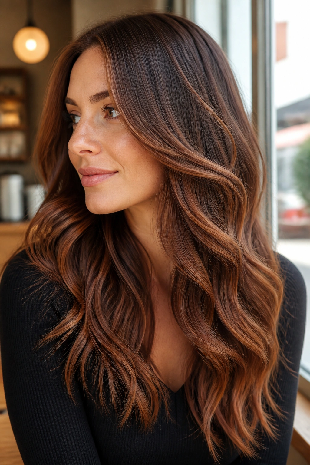 Close-up of long wavy brunette hair with cinnamon ribbon balayage through the length.