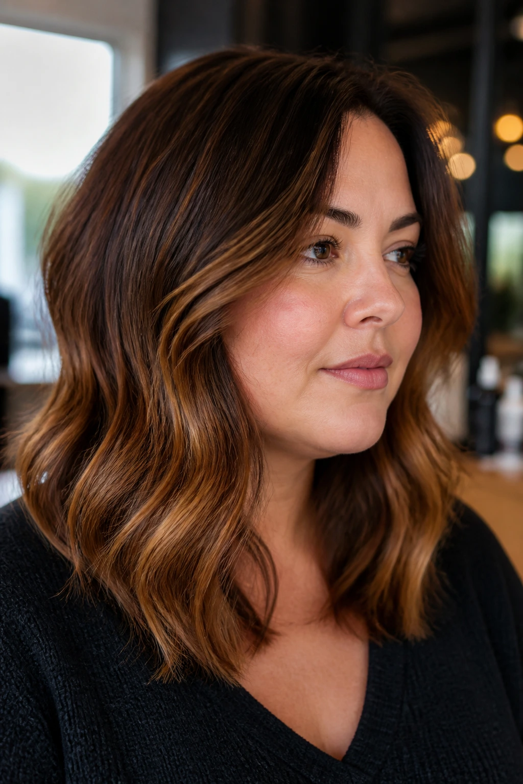Close-up portrait of a real woman with cinnamon-glazed midlength hair on brunette base and warmer ends.