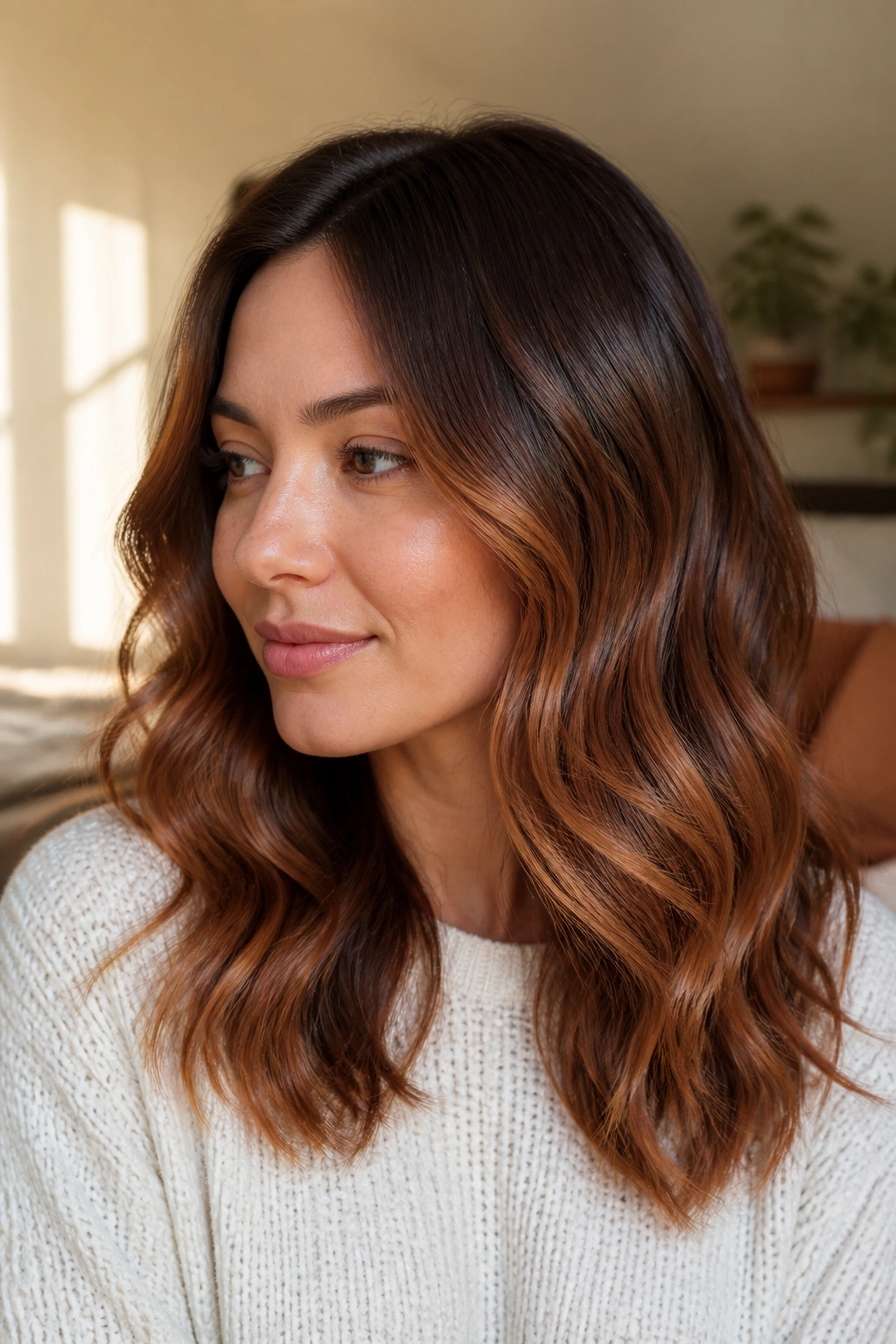 Portrait of a woman with cinnamon balayage and a soft root shadow creating vertical elongation for a round face