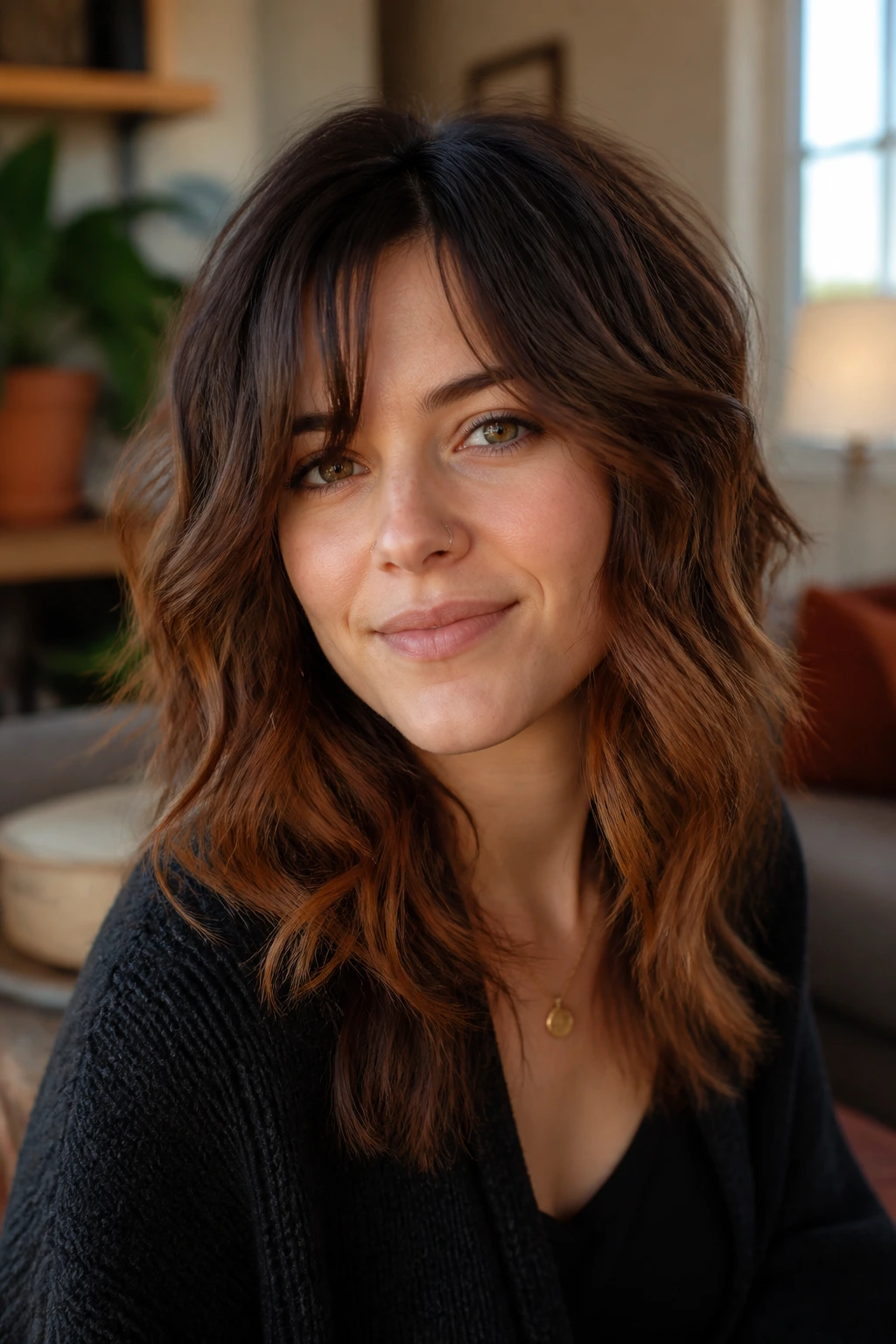 Portrait of a woman with cinnamon brown balayage on a wavy shag