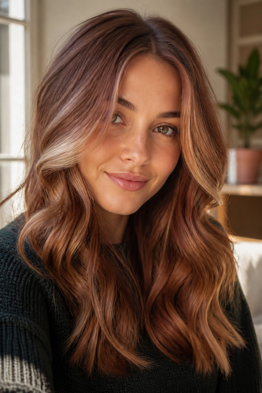 Real woman with cinnamon beige waves and warm contrast