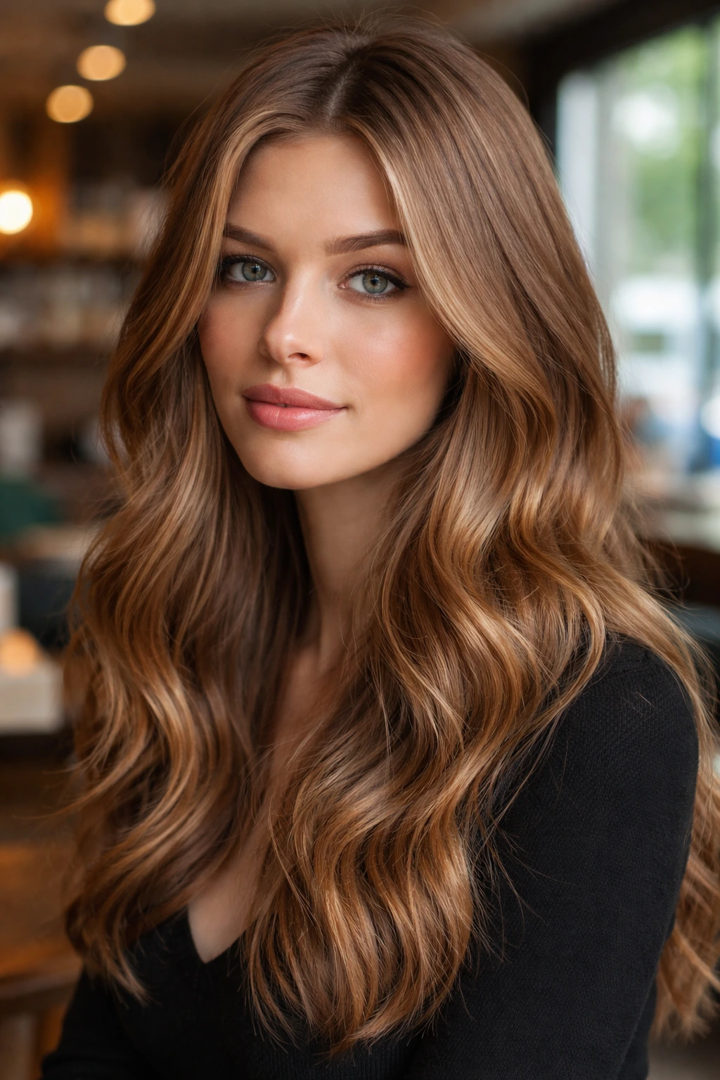Close-up of a real woman with cinnamon blonde hair and ash undertones in a cozy setting