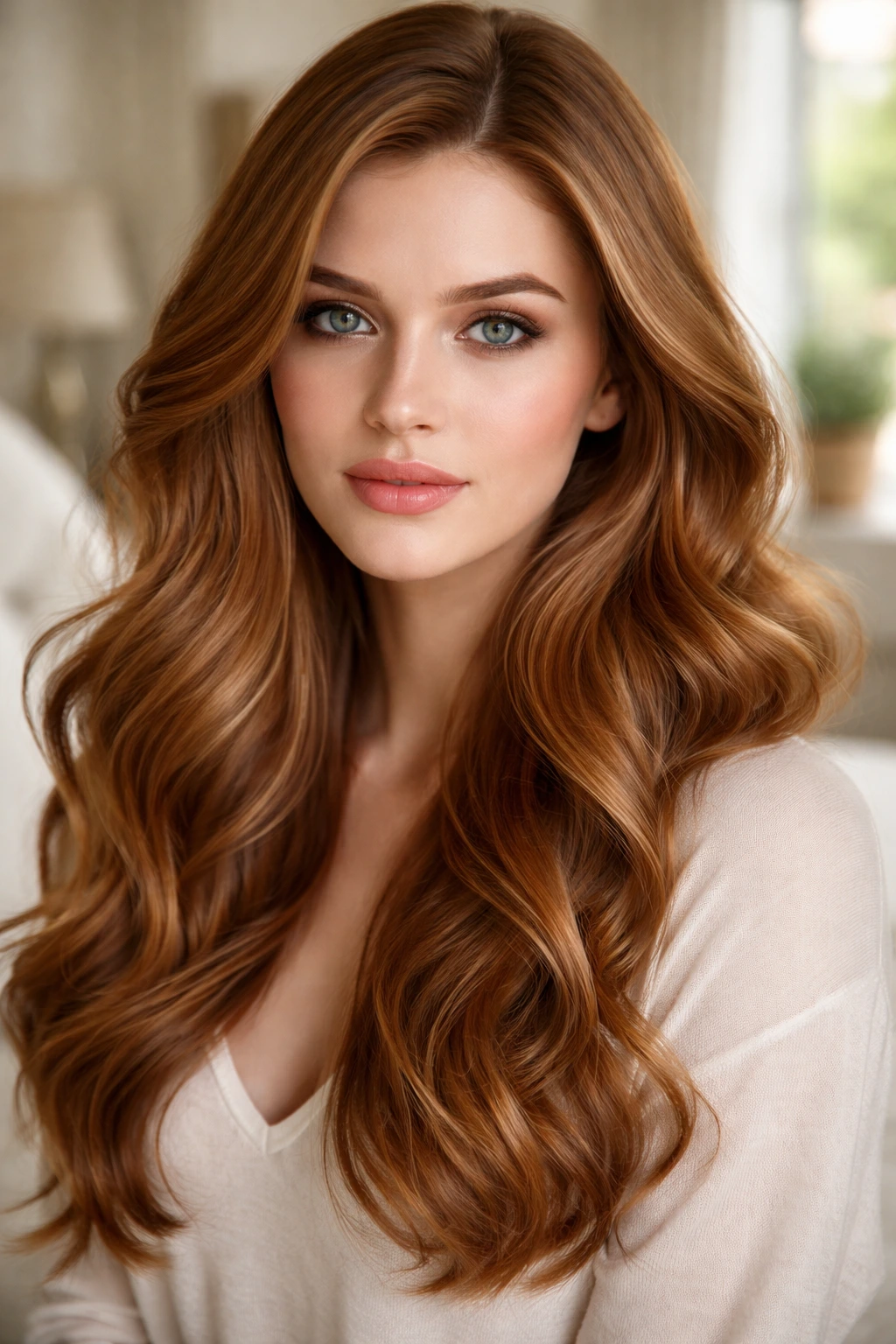 Close-up portrait of a woman with cinnamon blonde hair in soft waves by a sunlit window
