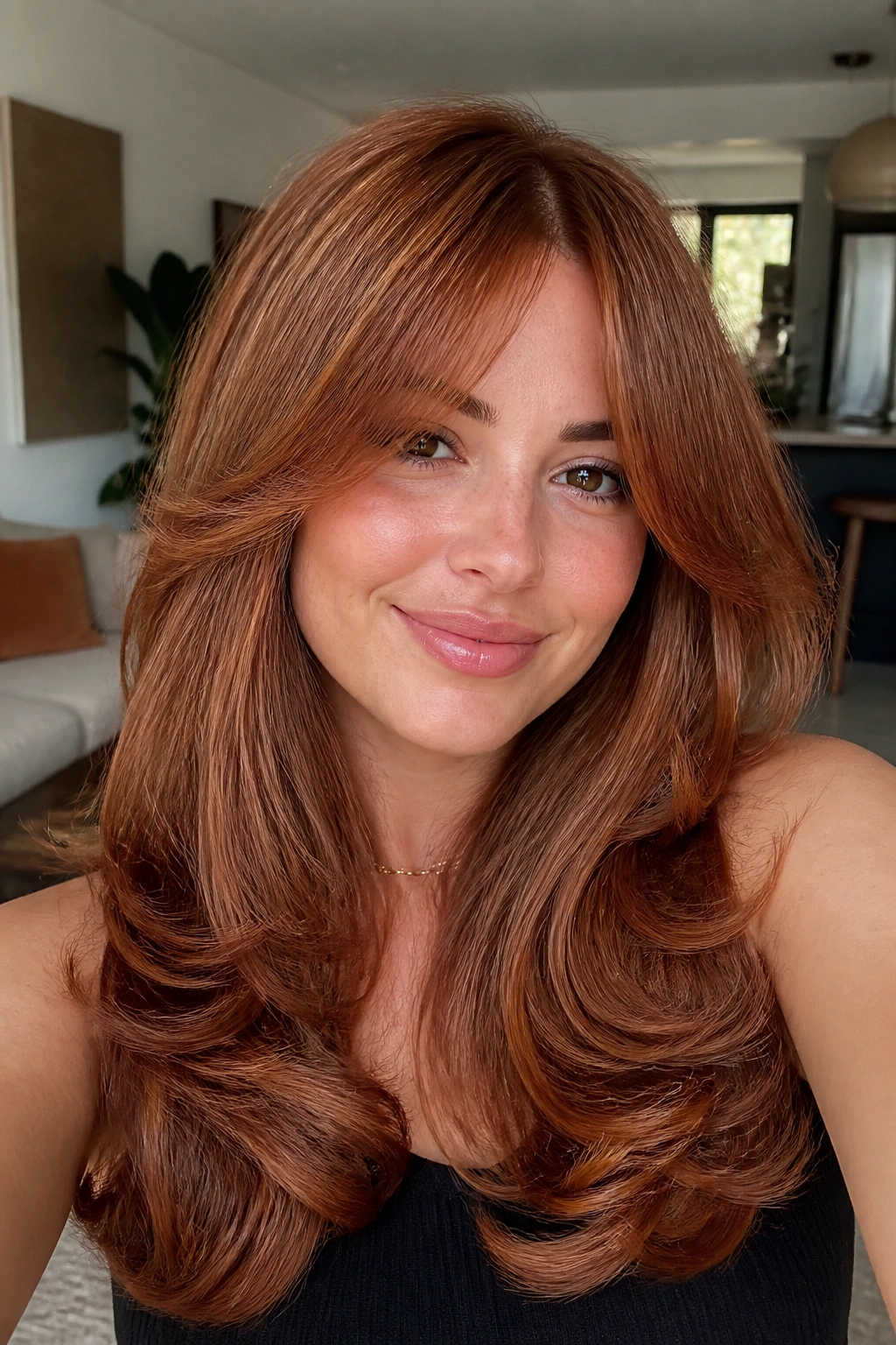 Real woman with cinnamon blowout and curtain bangs in bright room