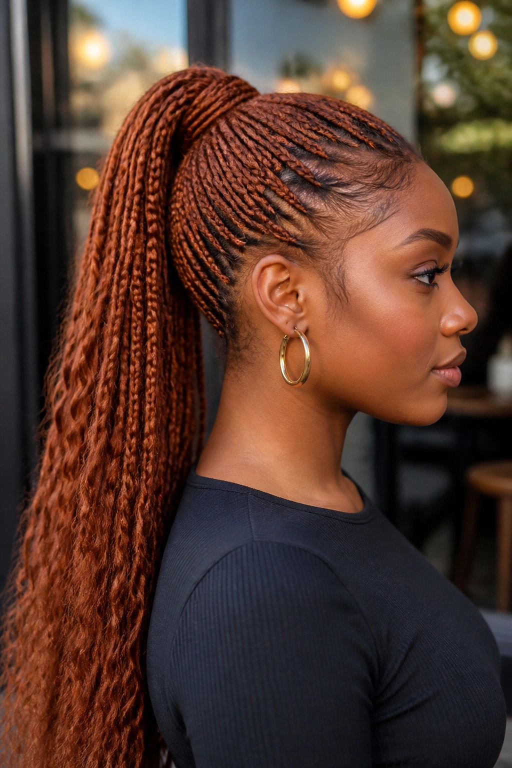 Medium close-up of a Black woman with cinnamon braided ponytail outdoors