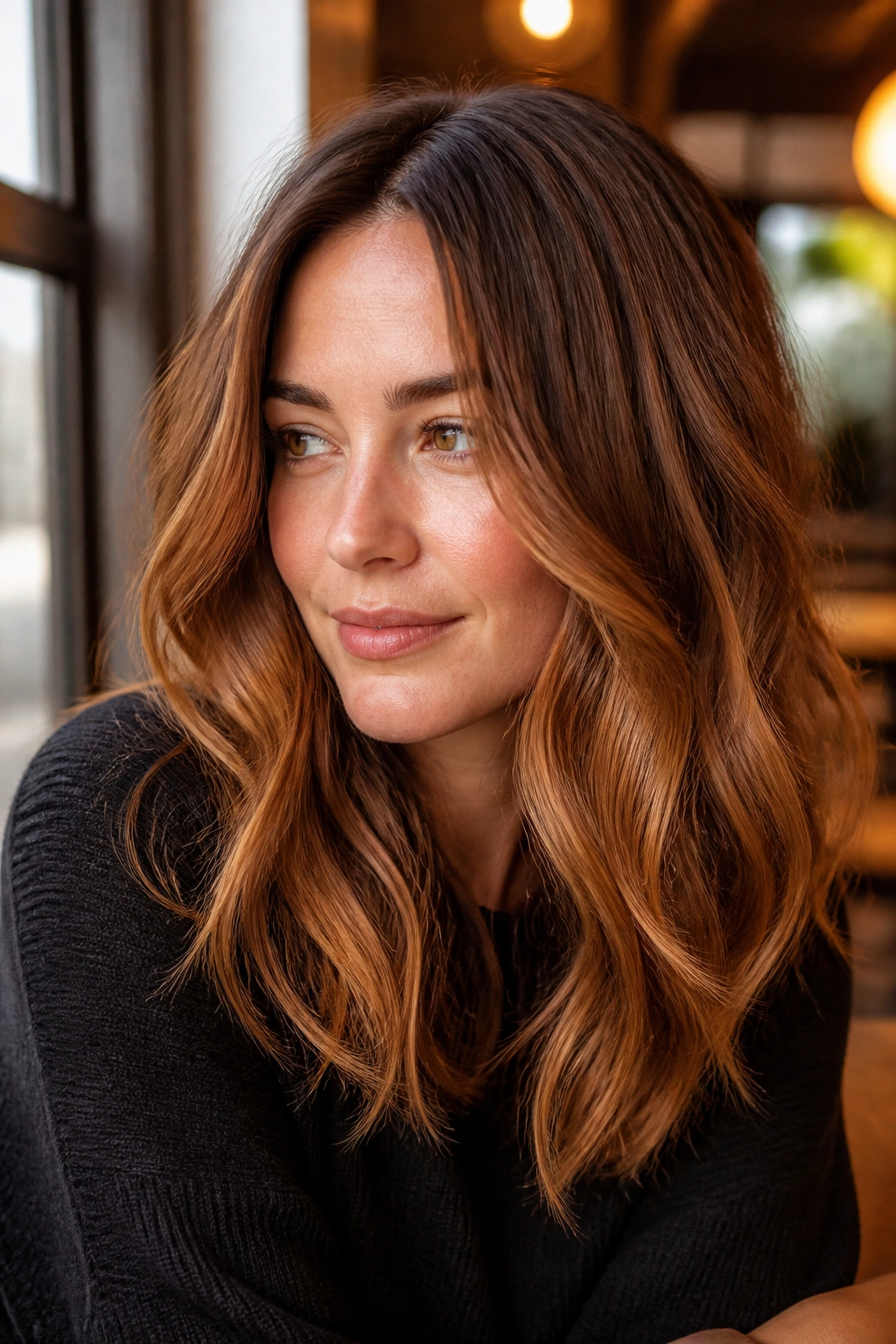 Portrait of a real woman with cinnamon bronde and warm mid-lengths.
