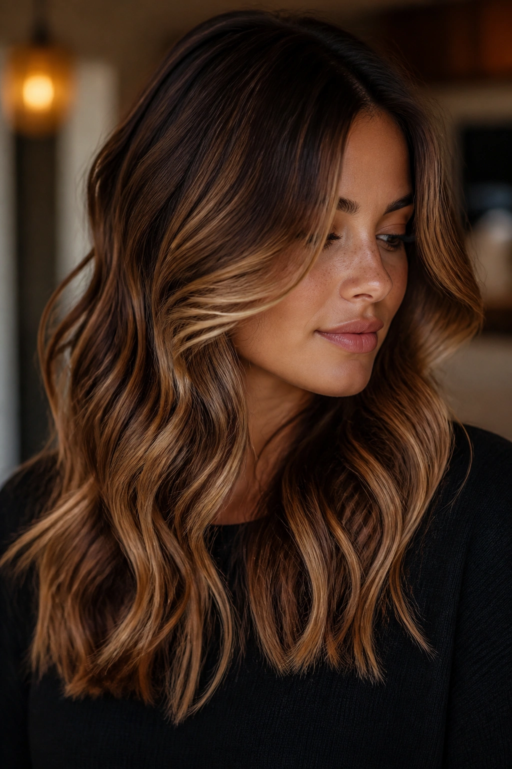 Thick-haired woman with cinnamon brown balayage.