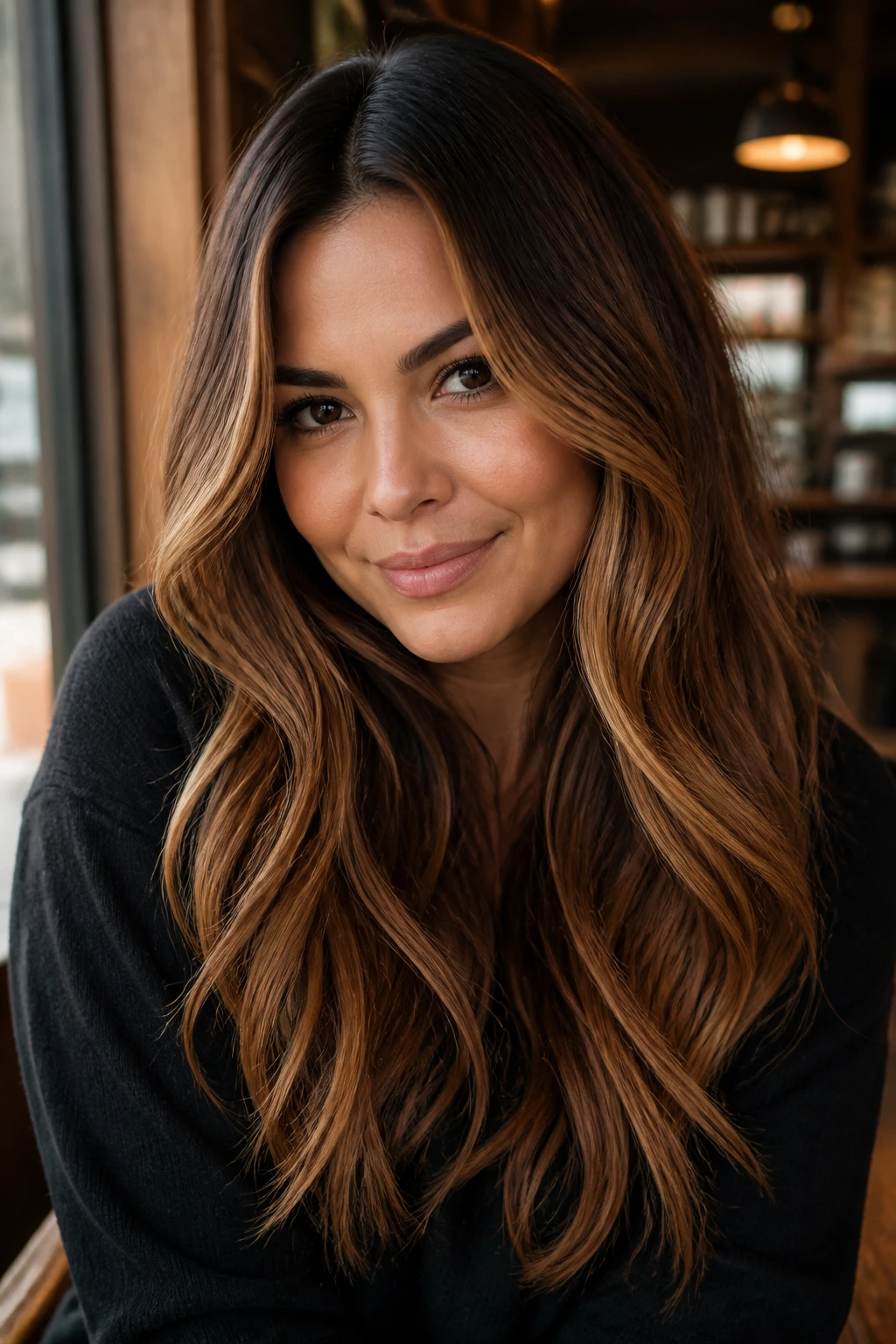Close-up of a real woman with cinnamon brown melt and soft face framing.