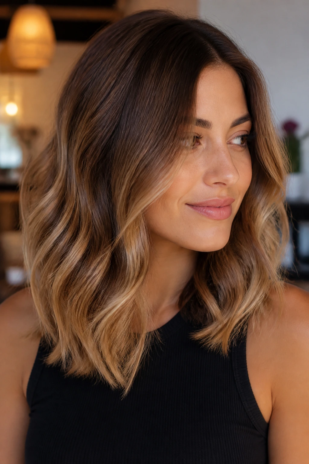 Close-up of cinnamon brown hair with beige caramel ends on a real woman