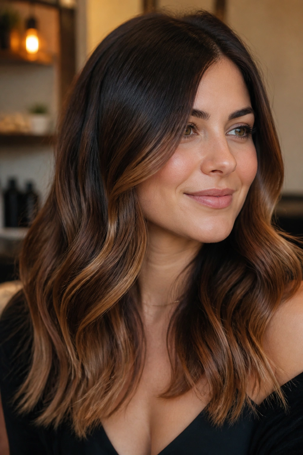 Portrait of a person with cinnamon brown balayage starting lower on the head