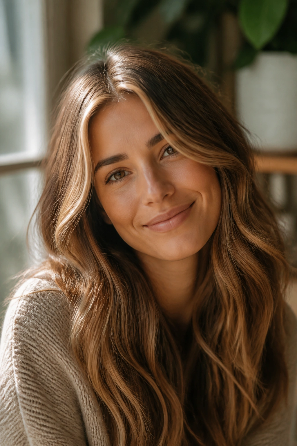 Close-up of a real person with cinnamon brown hair accented by blonde ribbons at the part.