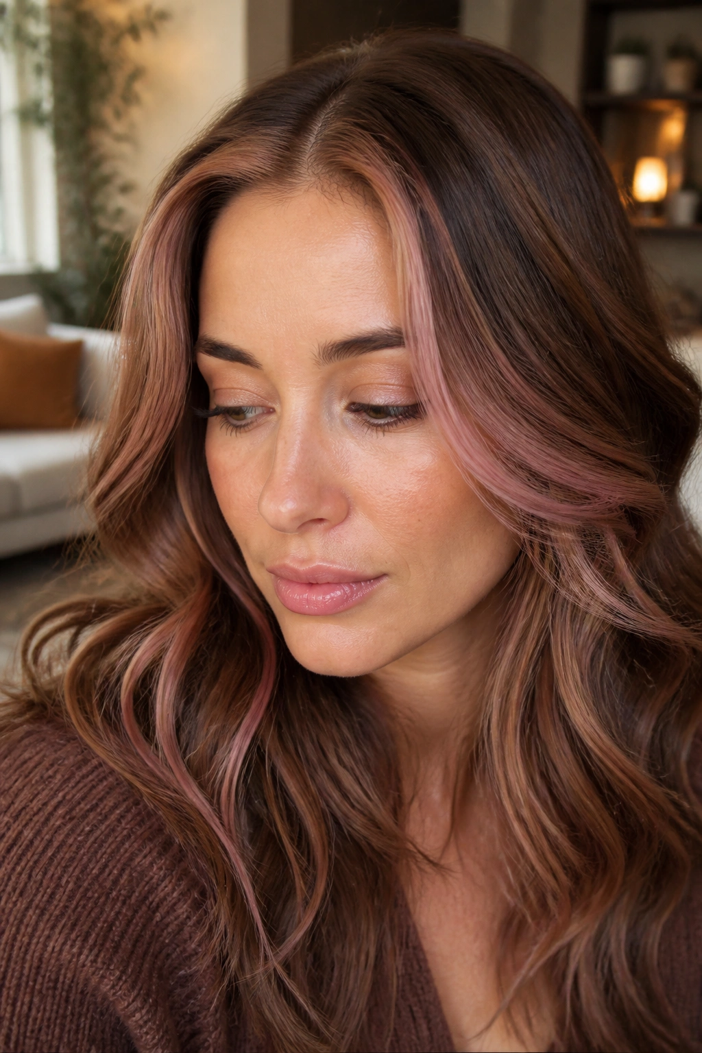 Close-up of a real woman with cinnamon brown hair and blush pink babylights at the part.