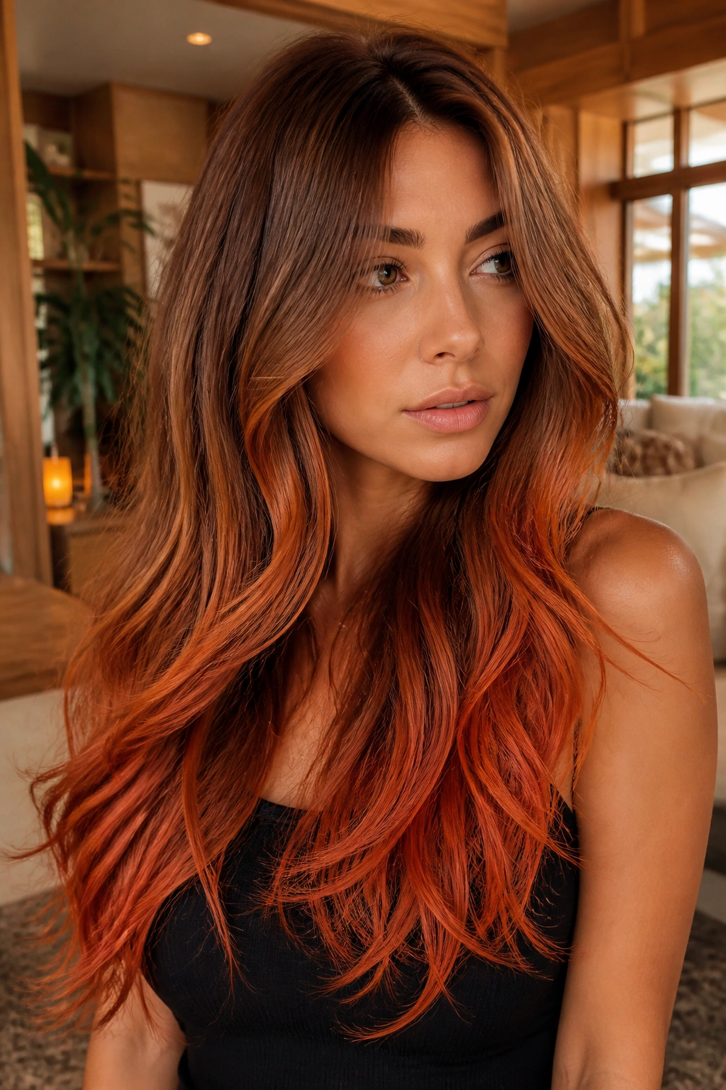 Close-up of long cinnamon brown to burnt orange red fade hair on a real person