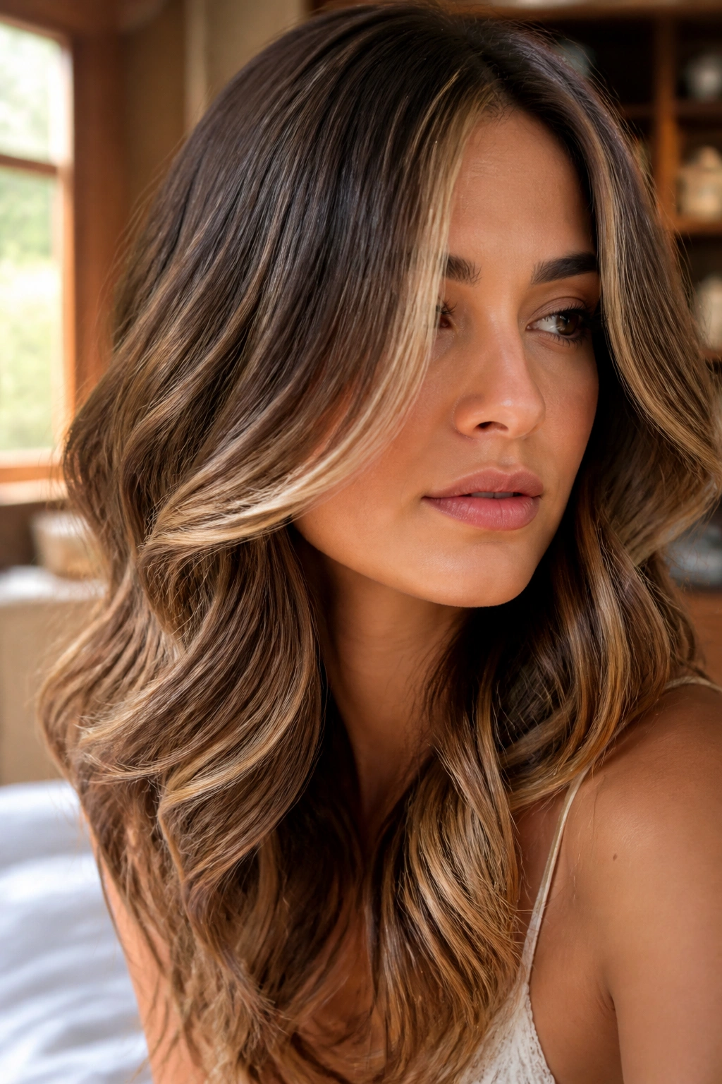 Close-up portrait showing cinnamon brown hair with champagne streaks and soft waves.
