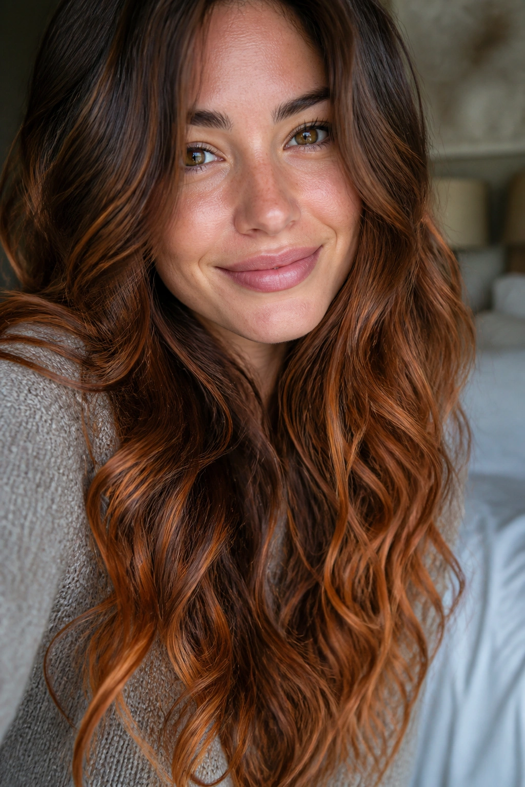 Close-up portrait of cinnamon brown hair with copper ends on a real person, warm window light.