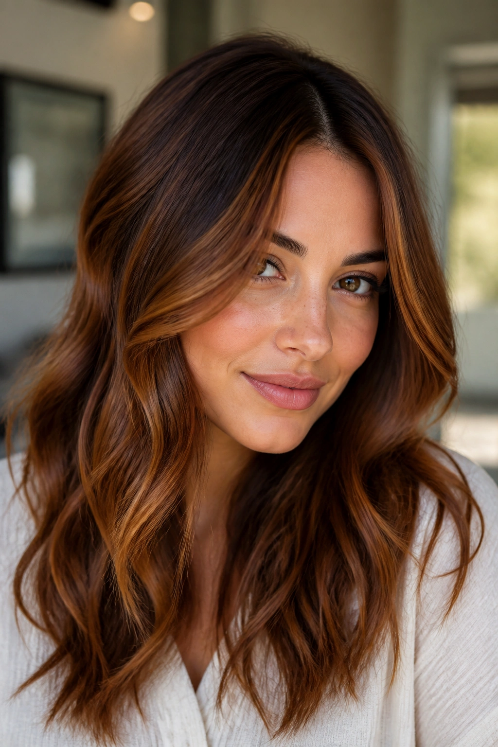 Portrait of a woman with cinnamon brown hair and copper flickers.