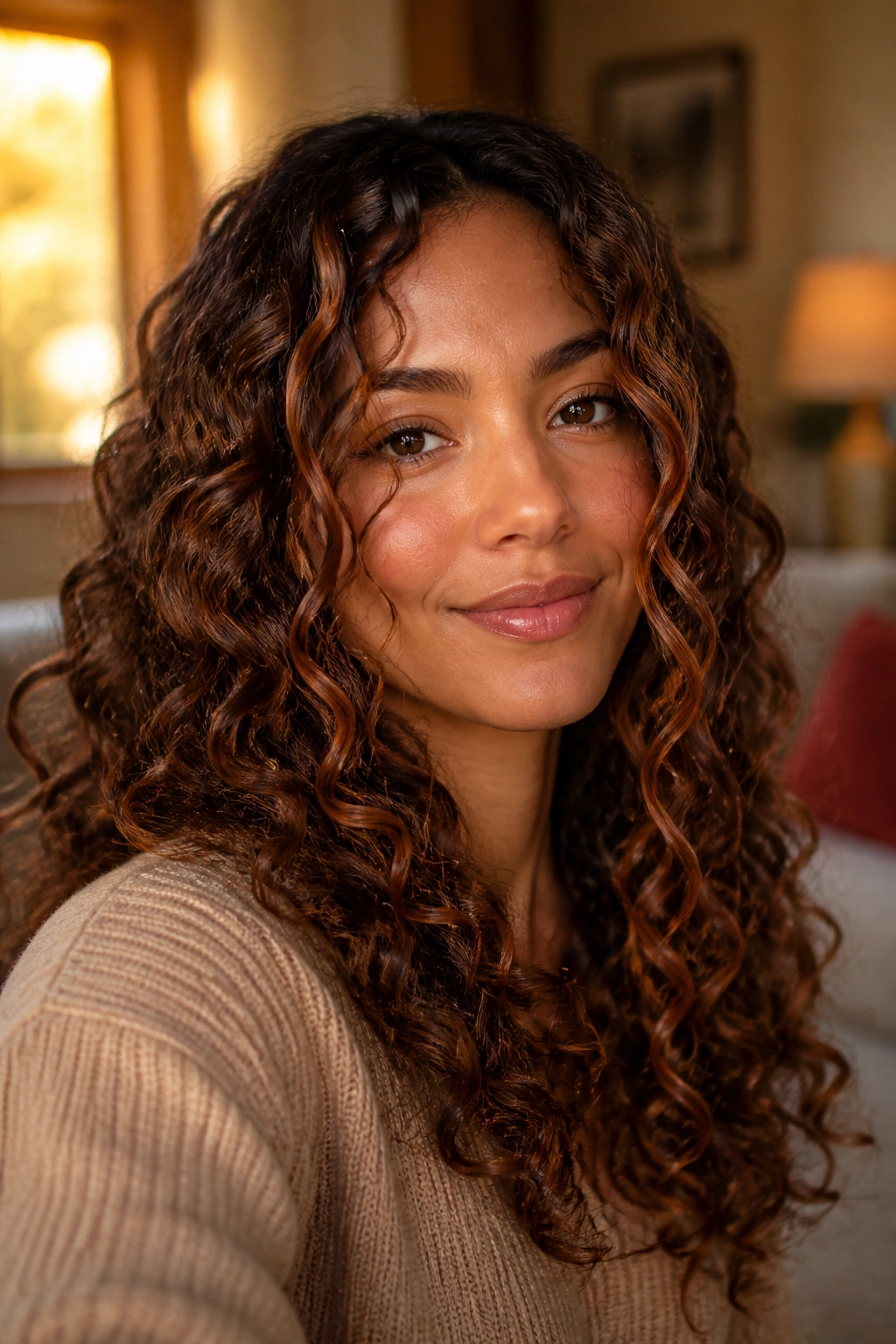 Close-up portrait of a real woman with cinnamon brown hair and copper ribbon highlights