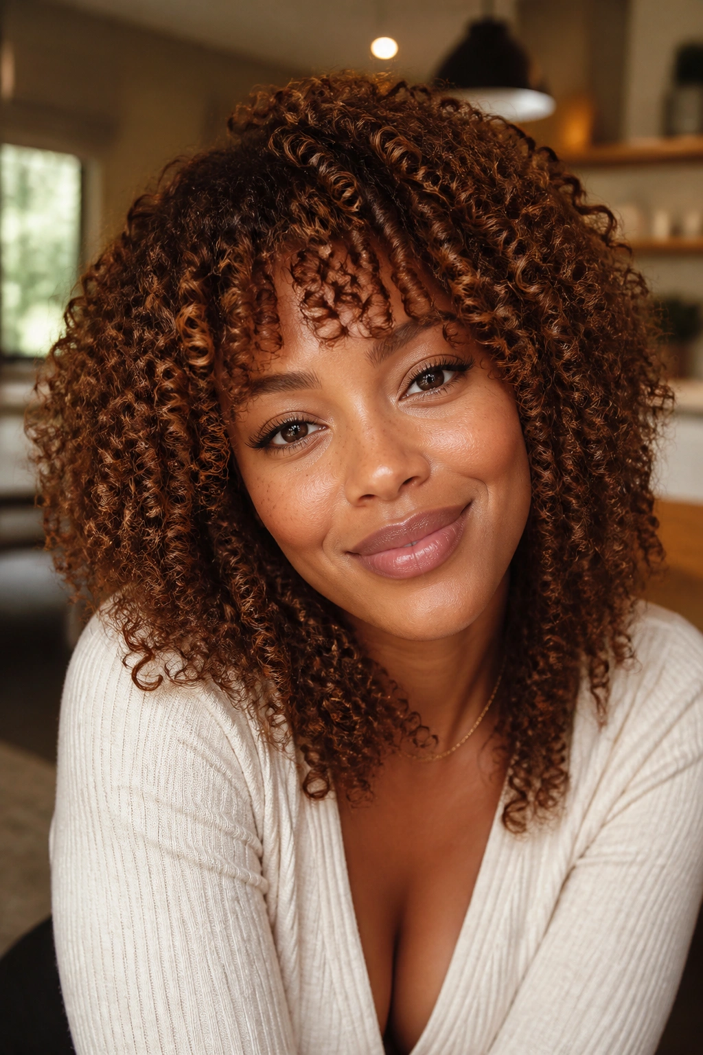Close-up of a real woman with cinnamon brown curls in warm kitchen light