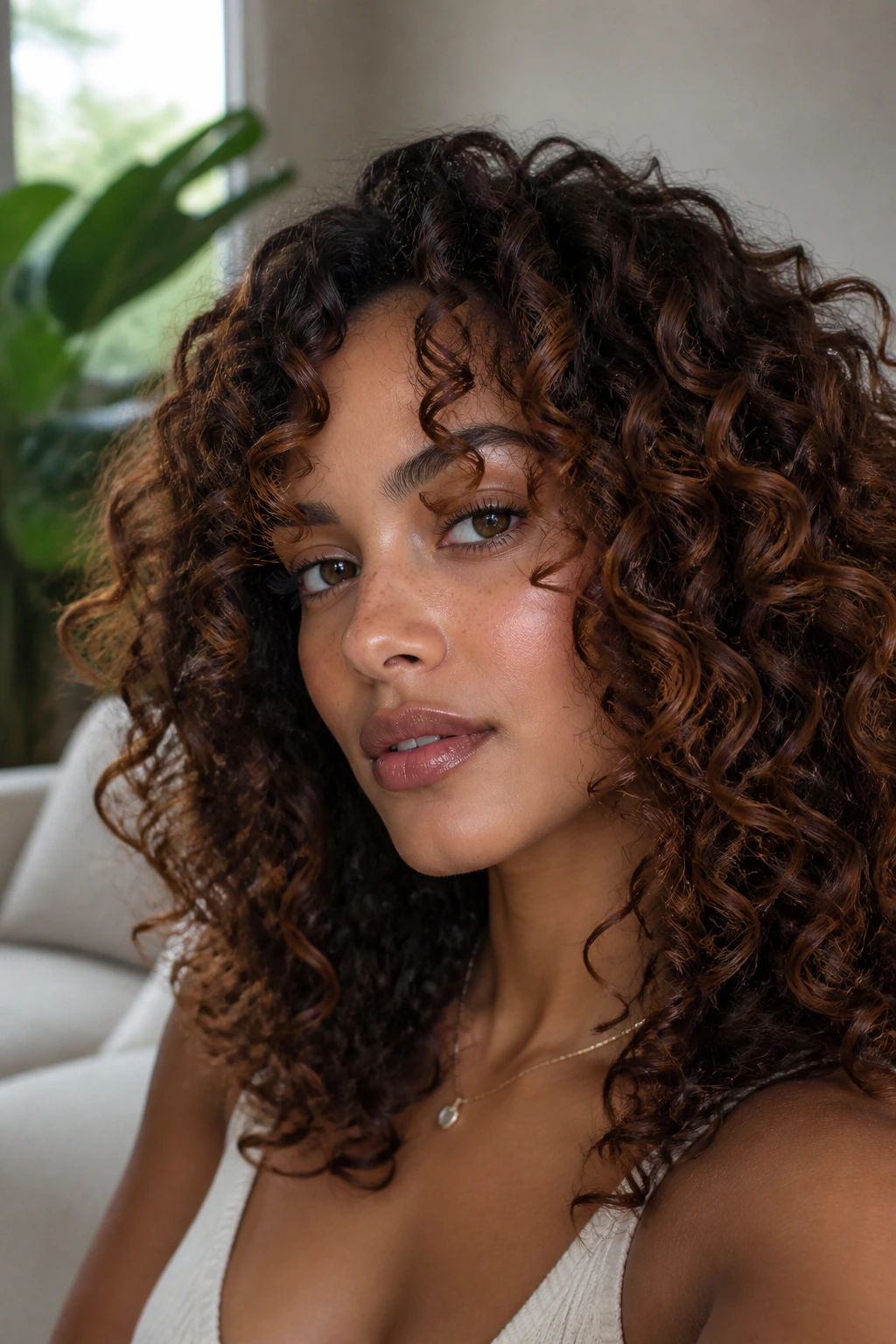 Curly brunette with cinnamon brown lowlights emphasizing curl shape