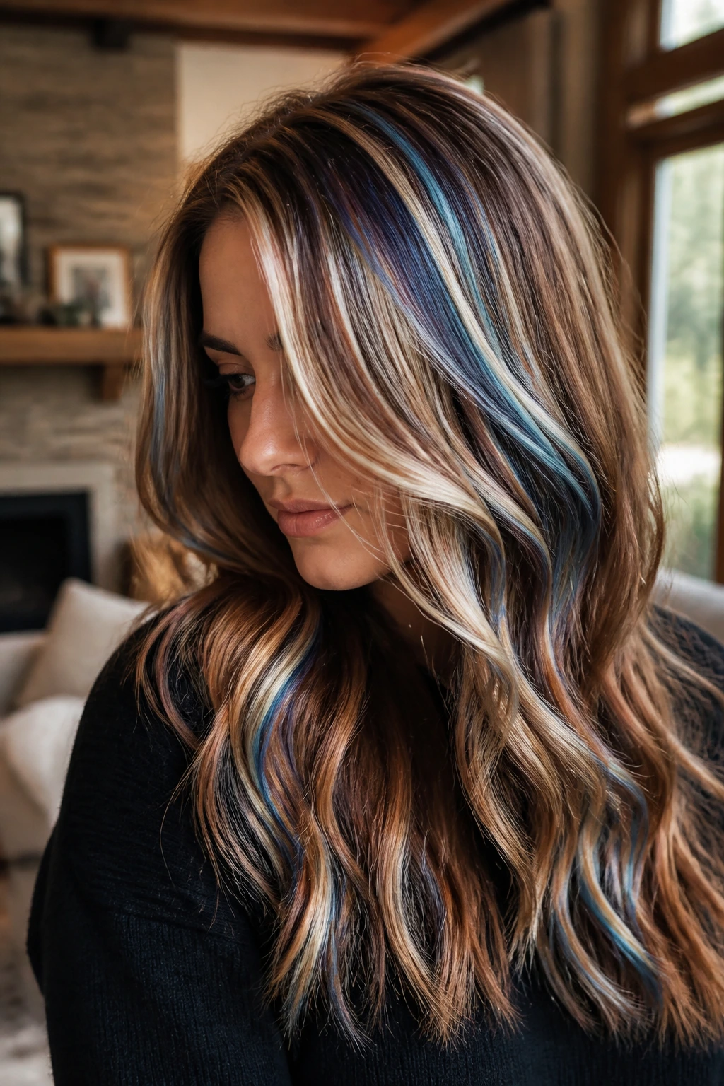 Close-up of a real person showing ice blonde and cobalt foils in cinnamon brown hair