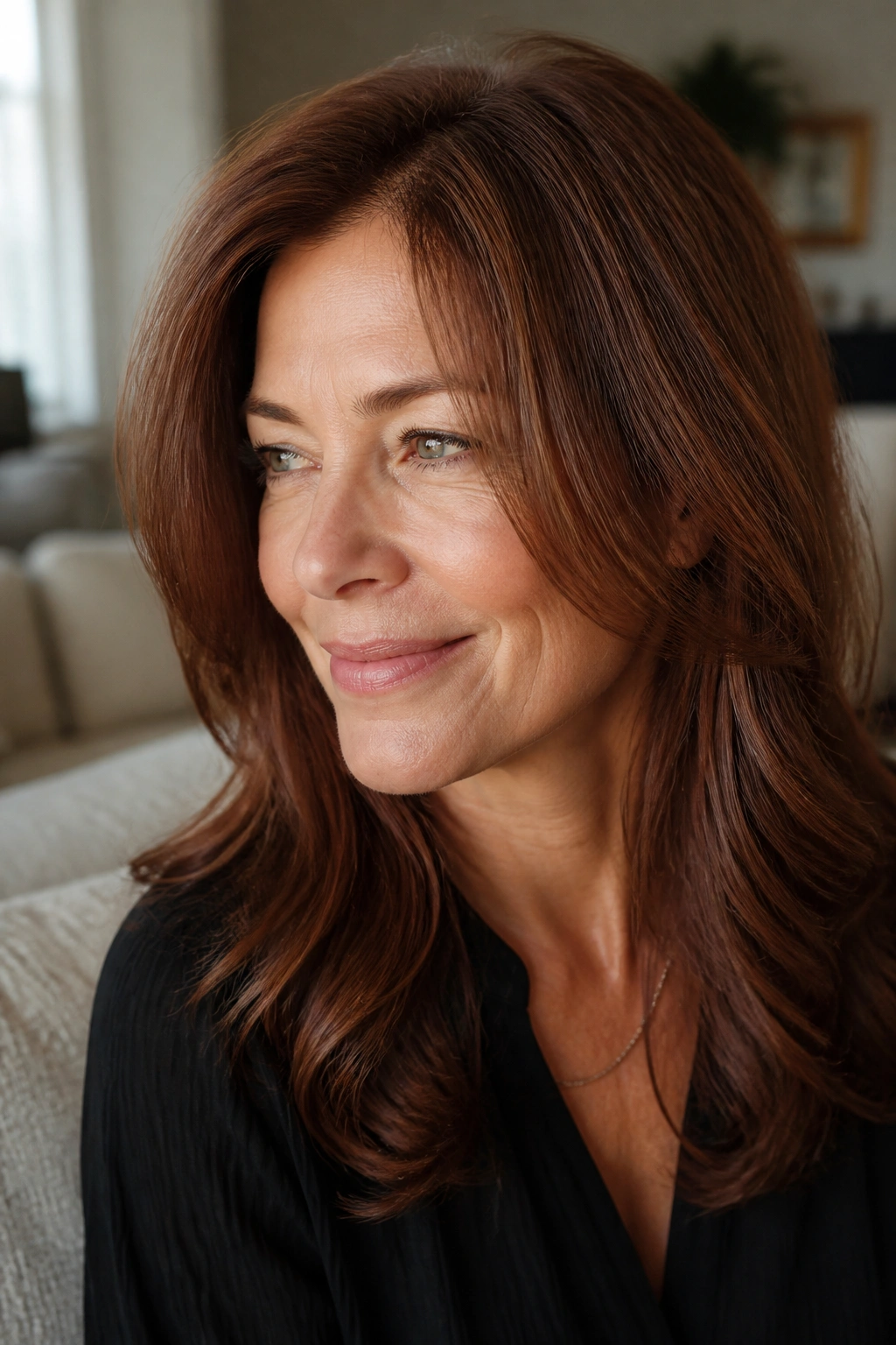 Close-up portrait of a real woman with cinnamon brown gloss hair