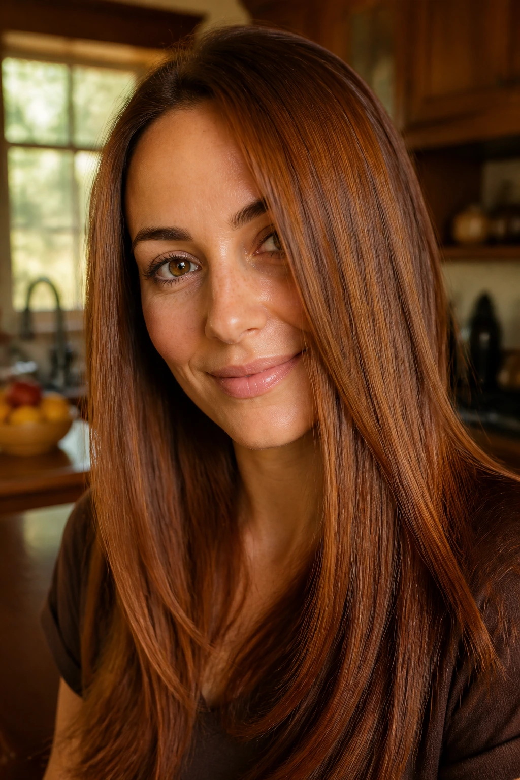 Close-up of real woman with Cinnamon Brown hair color on straight hair in warm kitchen light