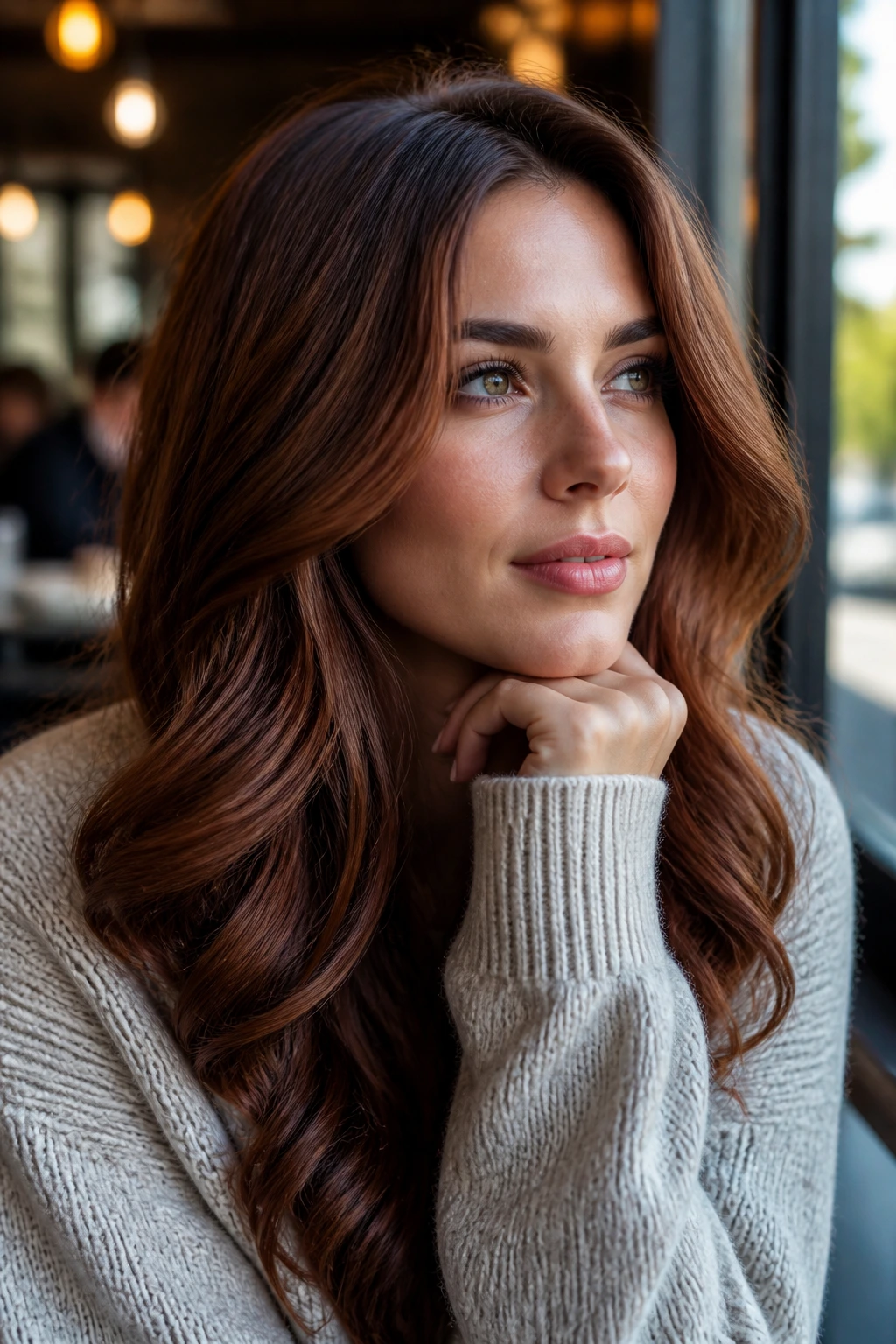 Close-up of a real woman with cinnamon brown hair under cool cafe light.