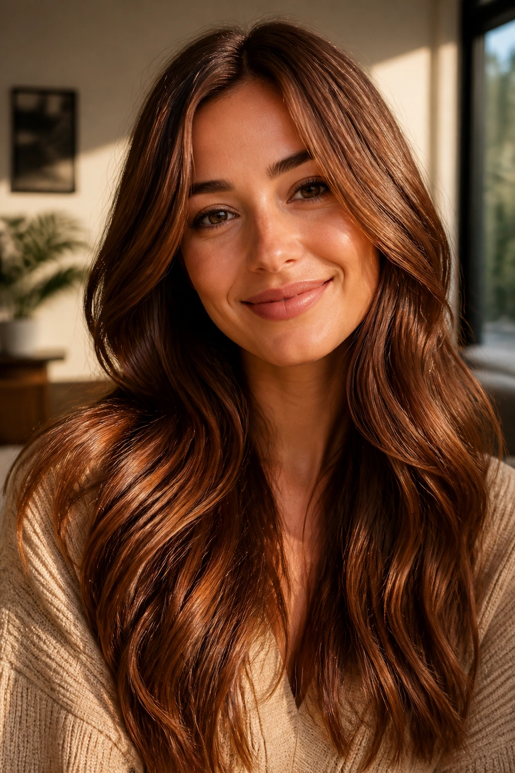 Close-up of a real woman with cinnamon brown hair and glossy shine