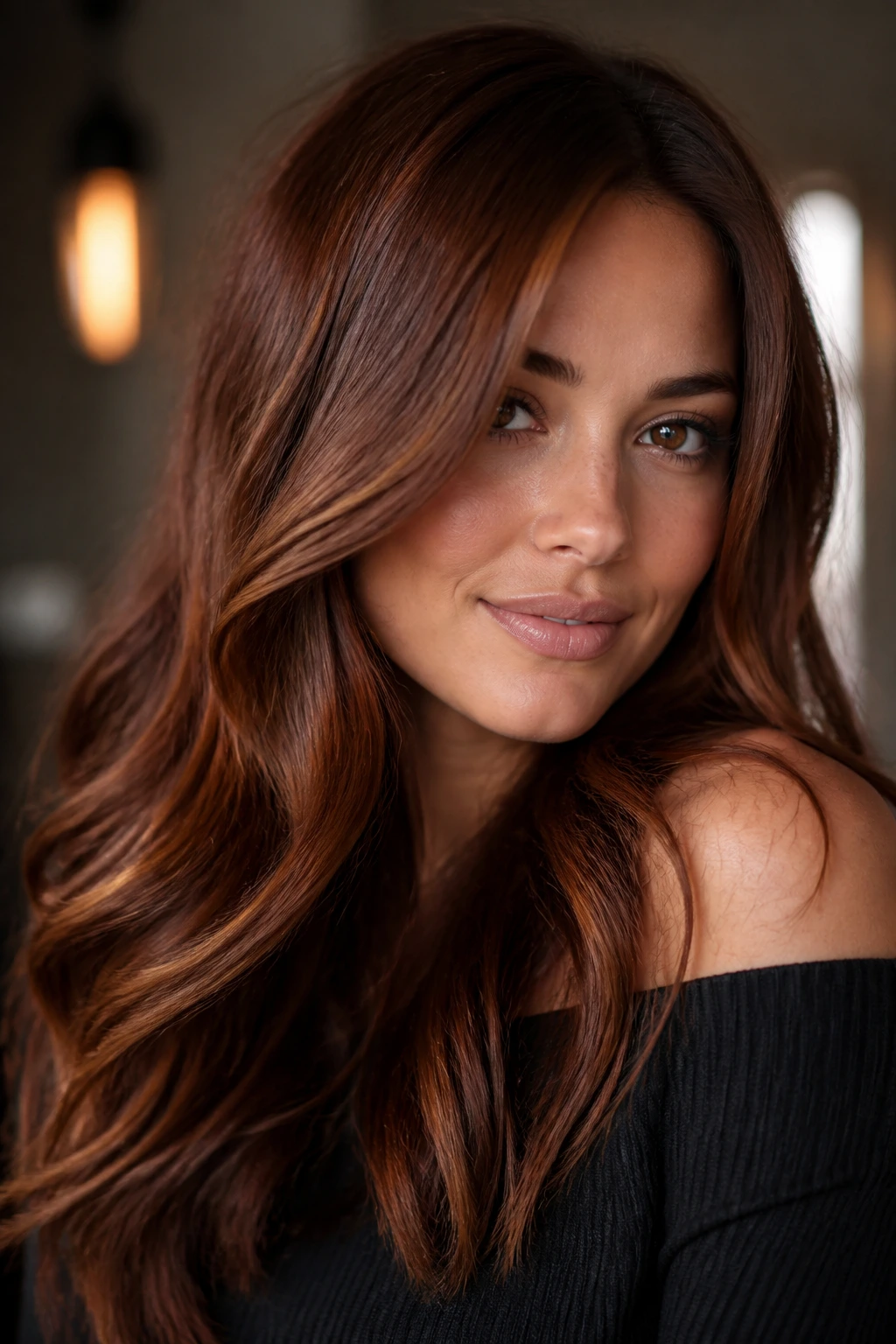 Close-up of a real woman with cinnamon brown hair and a glossy depth under warm light.