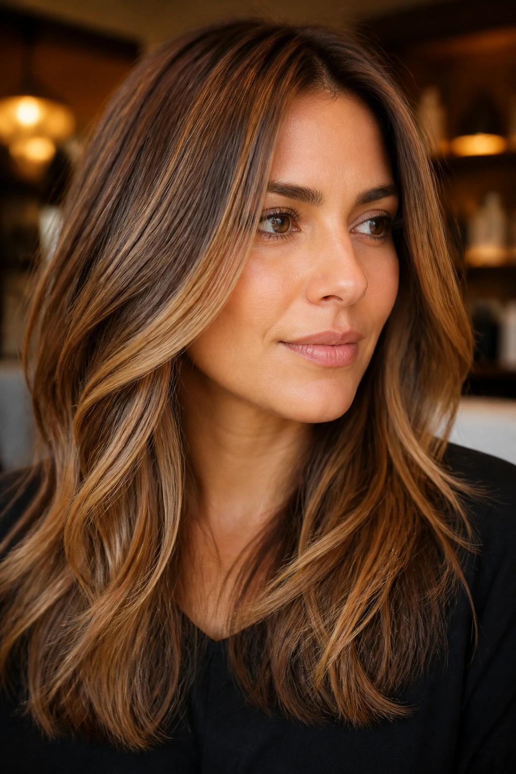 Close-up of a real woman showing cinnamon brown base with honey streaks in layered hair