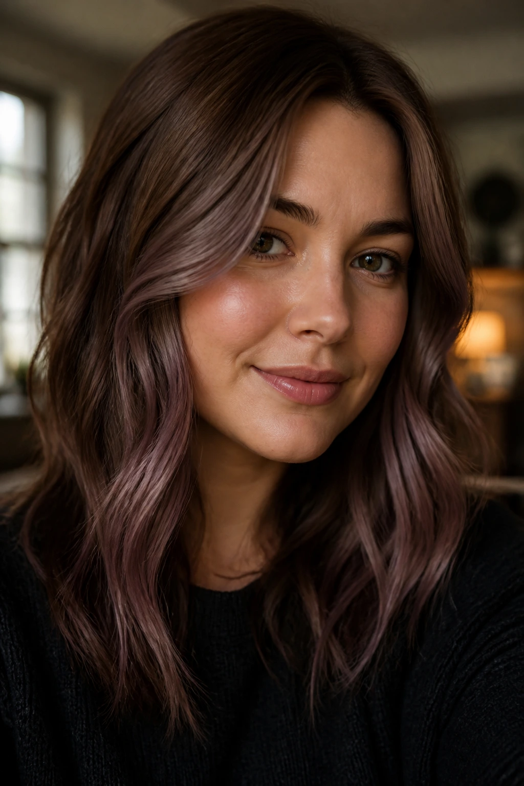 Close-up of a real person with cinnamon brown hair and dusty lilac lowlights.