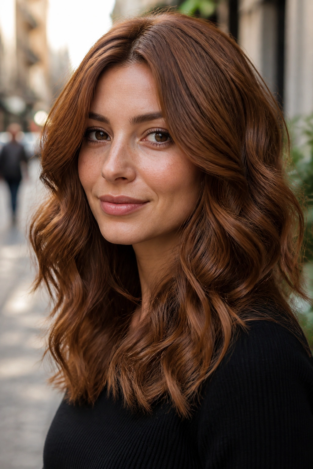 Cinnamon brown hair with medium waves on a real person outdoors