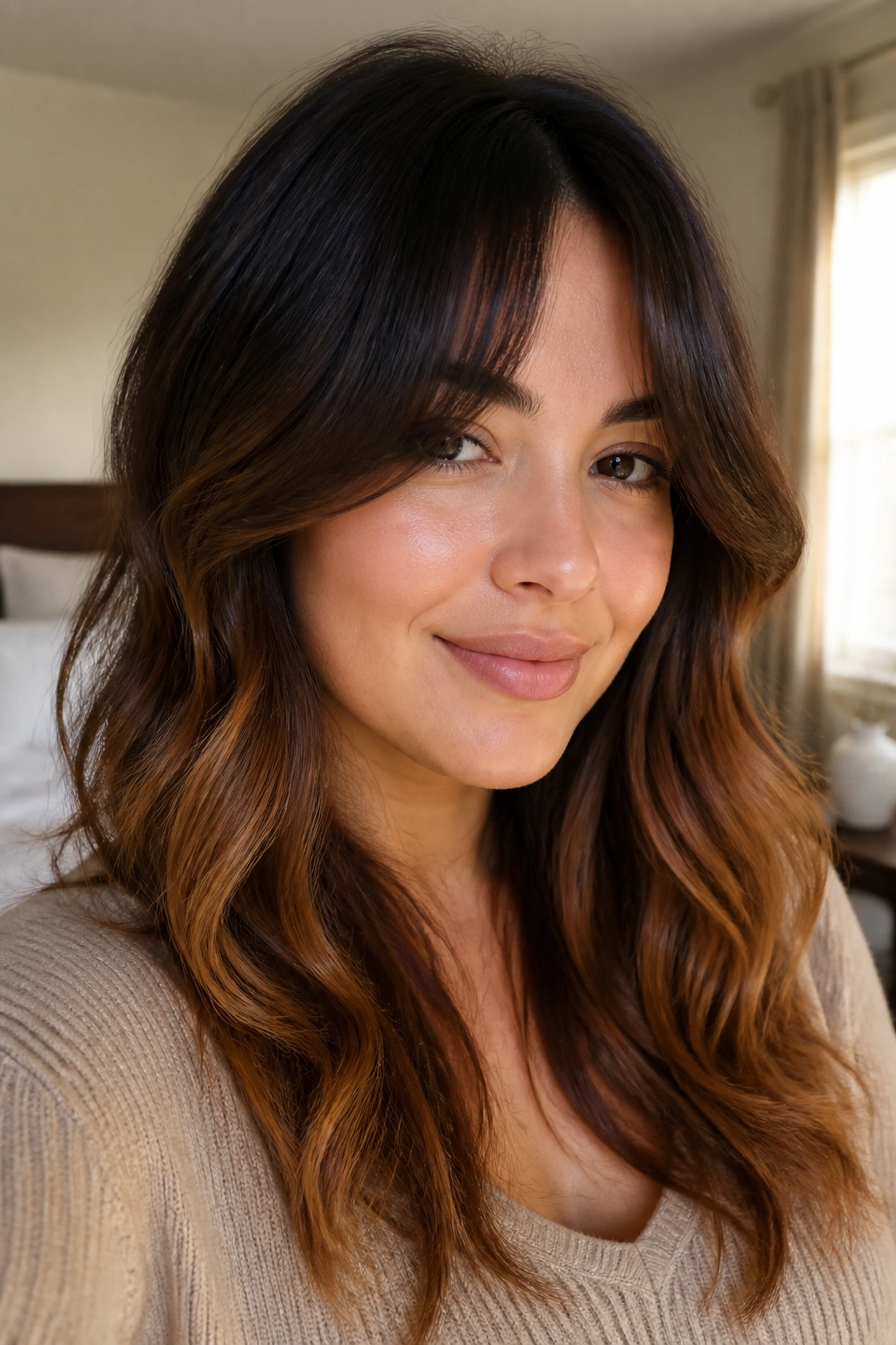Close-up portrait of a real woman with cinnamon brown ombre and bottleneck bangs