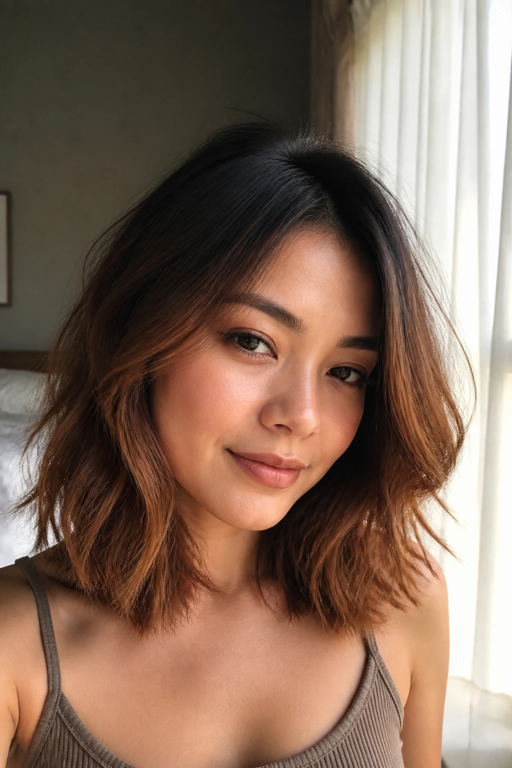 Close-up portrait of a real woman with cinnamon brown ombre hair at collarbone length
