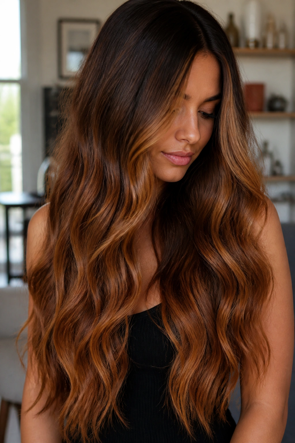 Close-up of cinnamon brown ombre on waist-length wavy hair