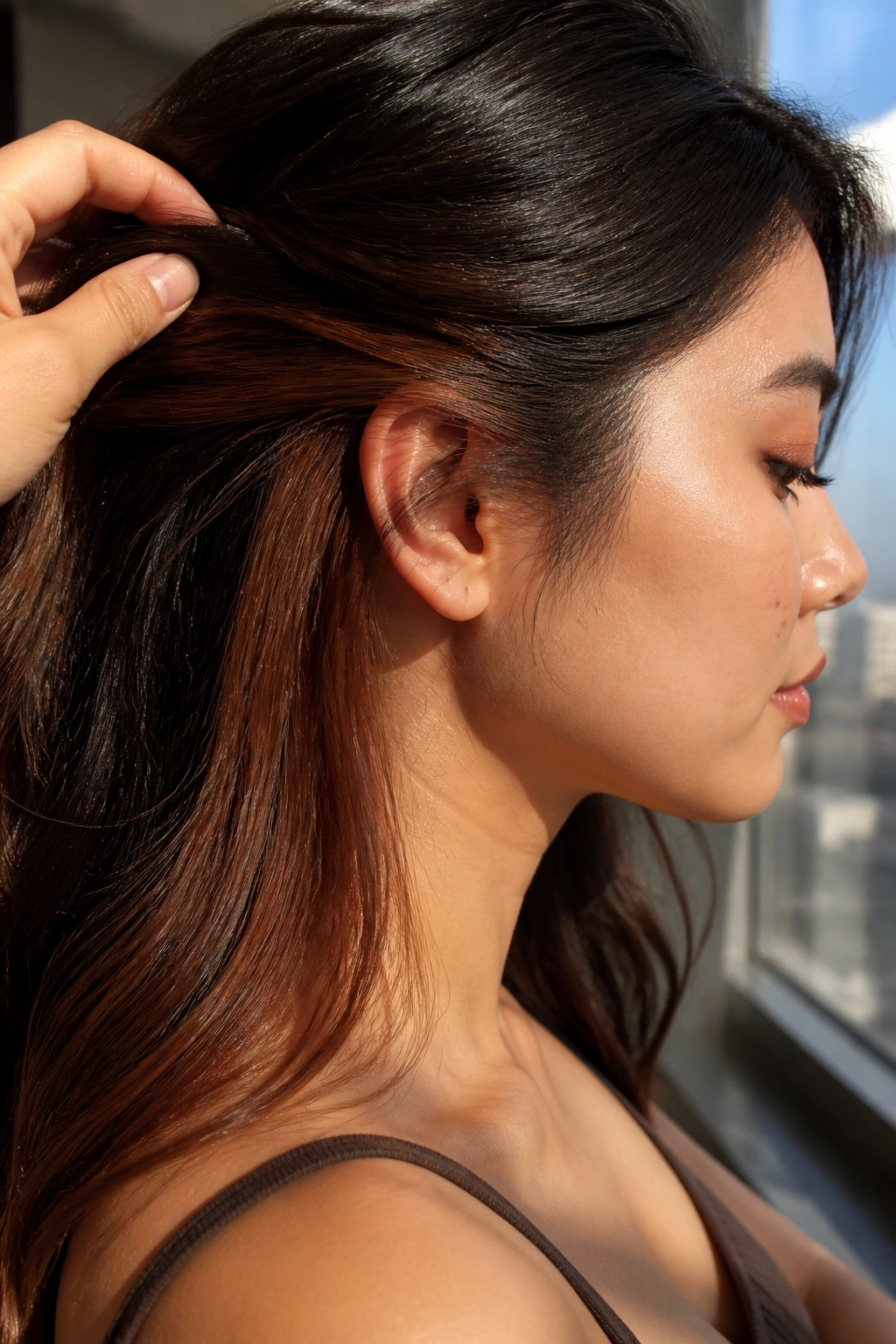 Side profile of a real person showing cinnamon-brown peekaboo panels near the ear.