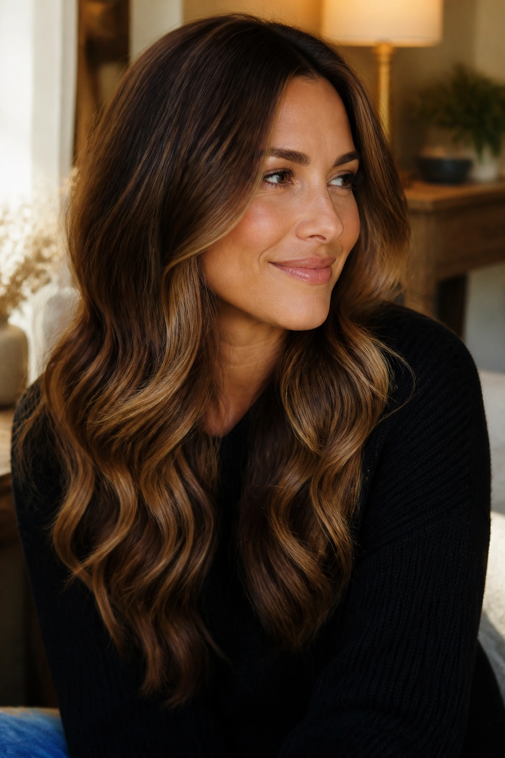 Real woman with cinnamon brown hair and beige poplights.