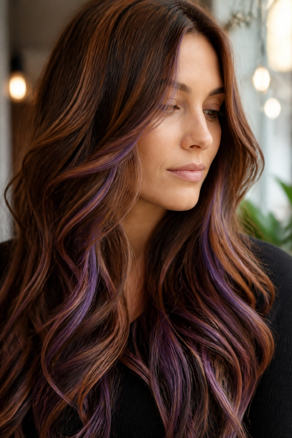 Hair with cinnamon brown base and violet ribbons woven through mid-lengths on a real woman.