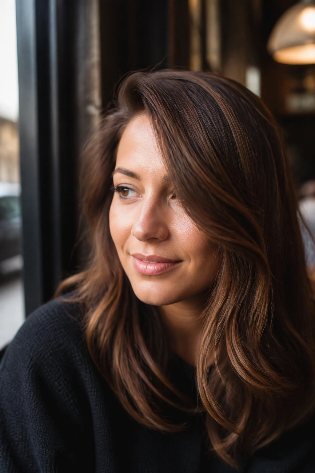 Close-up of a real woman with cinnamon brown hair and a deep side part in warm cafe lighting.
