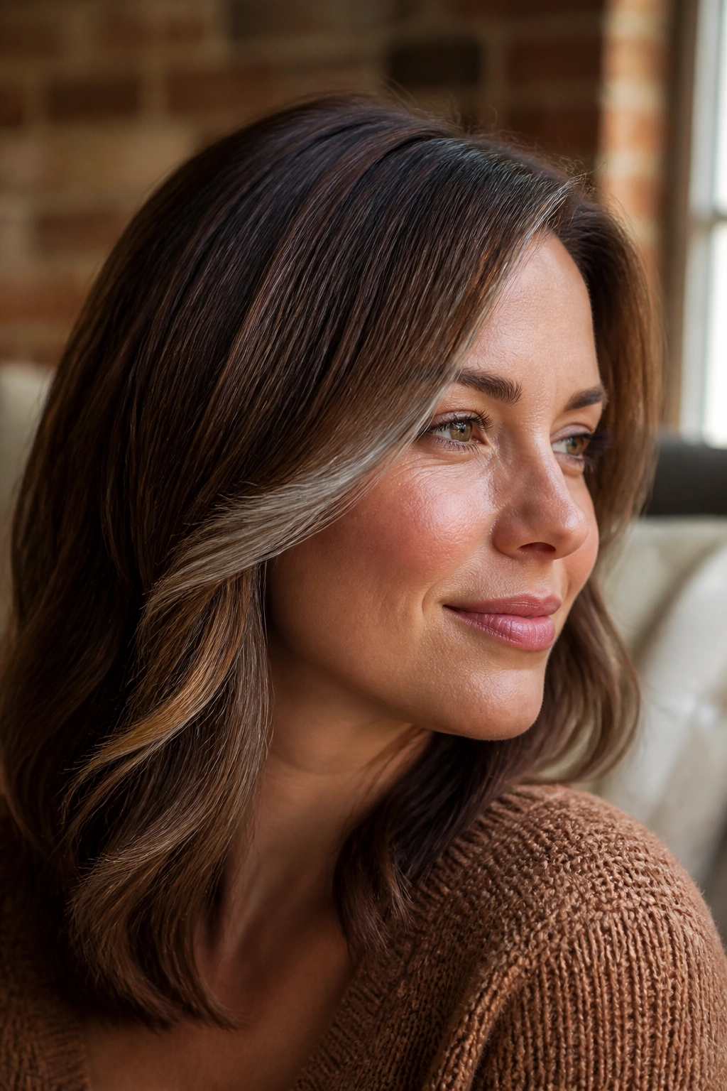 Portrait of a woman with cinnamon brown hair and silver cheekbone flicks.