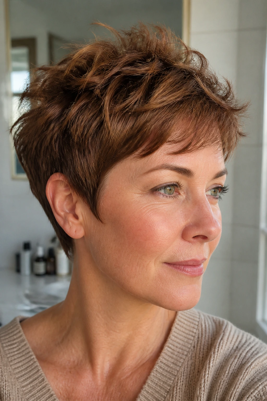 Close-up portrait of a real woman with cinnamon brown textured pixie.