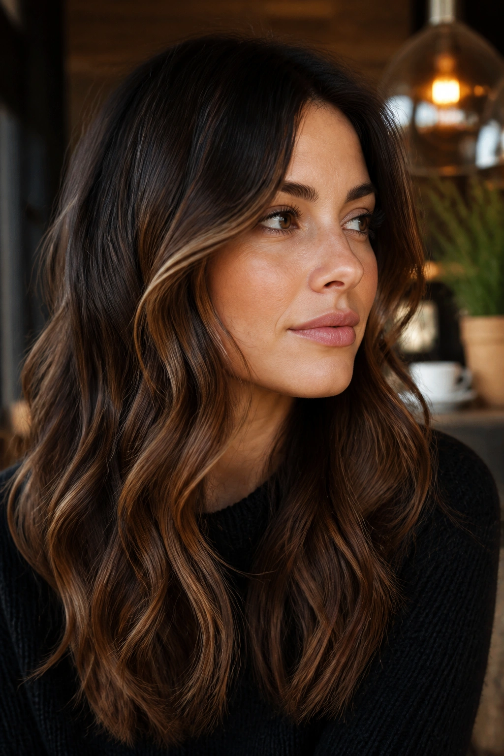 Portrait of brunette with cinnamon lowlights threaded through mid-lengths near the face.