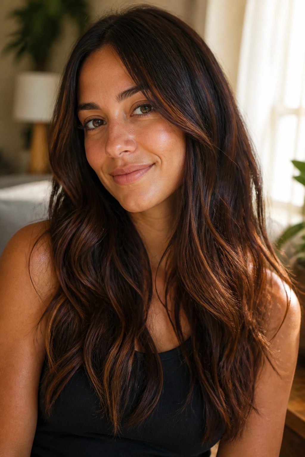 Close-up of a real woman's brunette hair with cinnamon brown threads in mid-lengths and ends, warm window light.