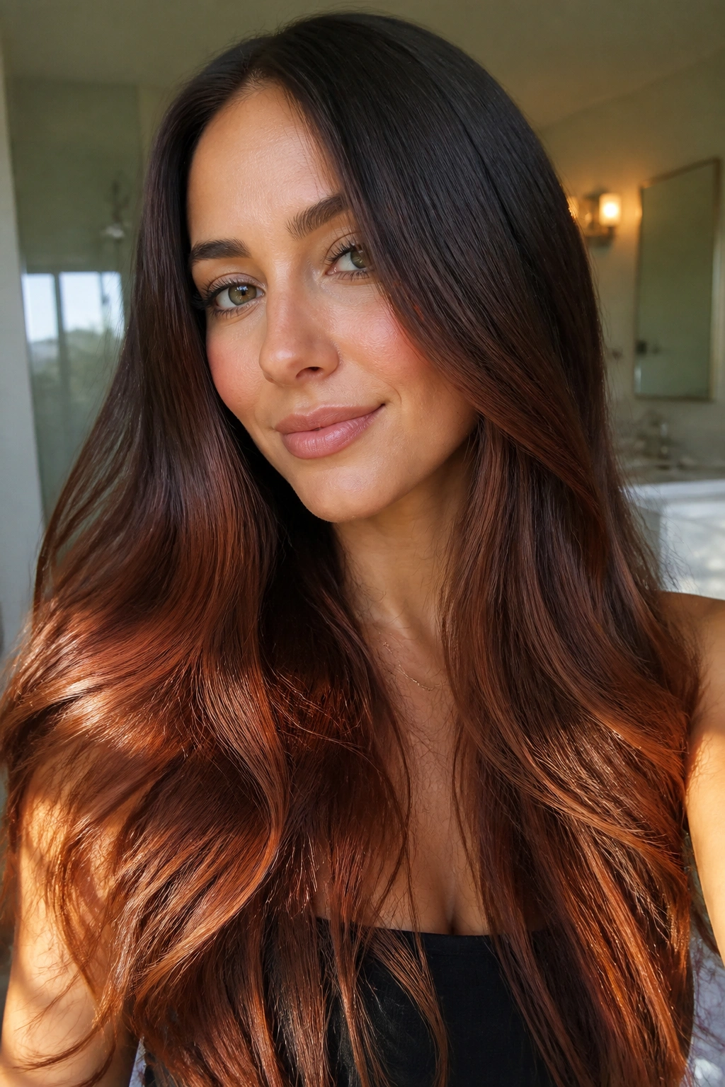 Close-up of a real woman with cinnamon brown wash along long hair.