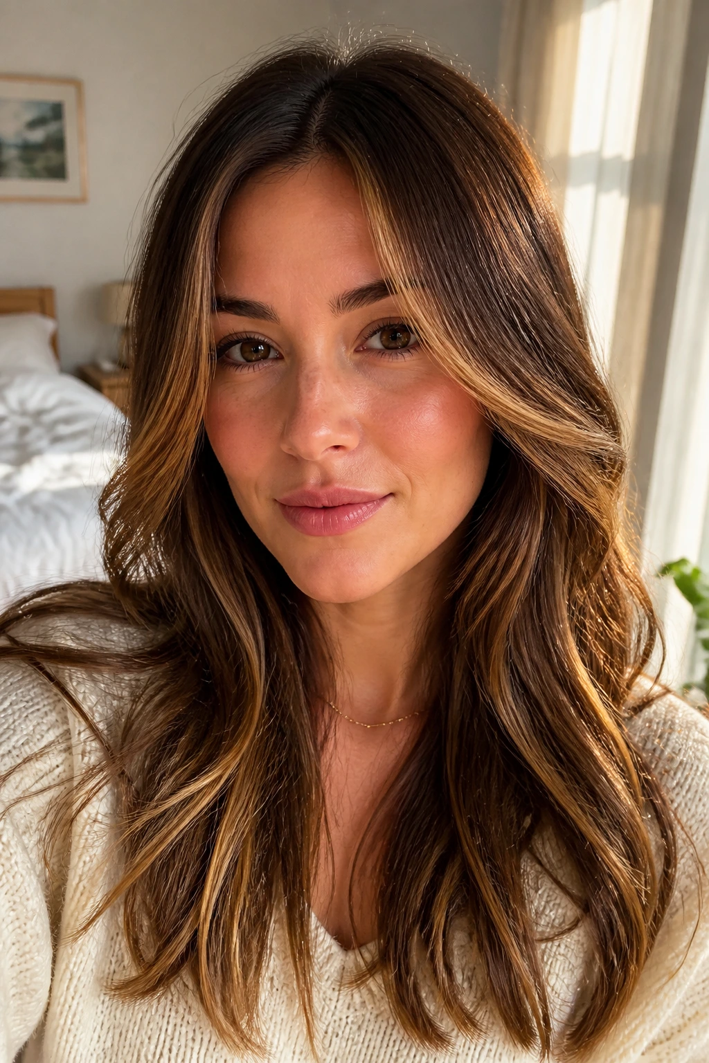 Close-up of a real woman with cinnamon brunette hair and a honey caramel veil