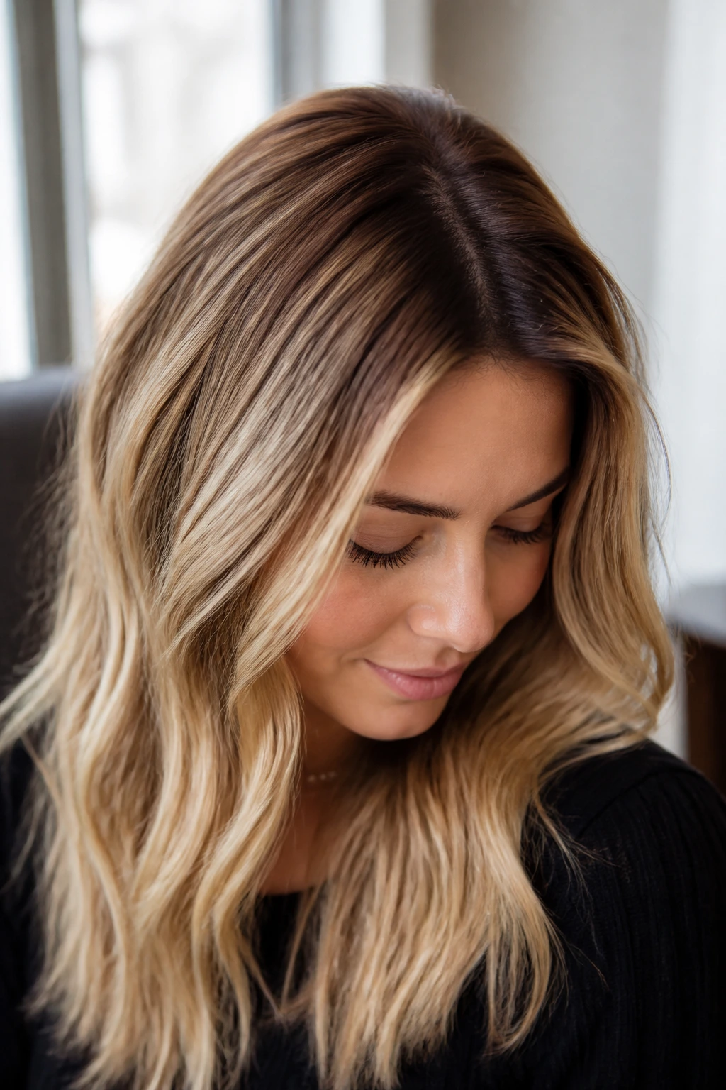 Close-up of a real woman's hair showing cinnamon brunette roots blending into blonde strands in warm window light.