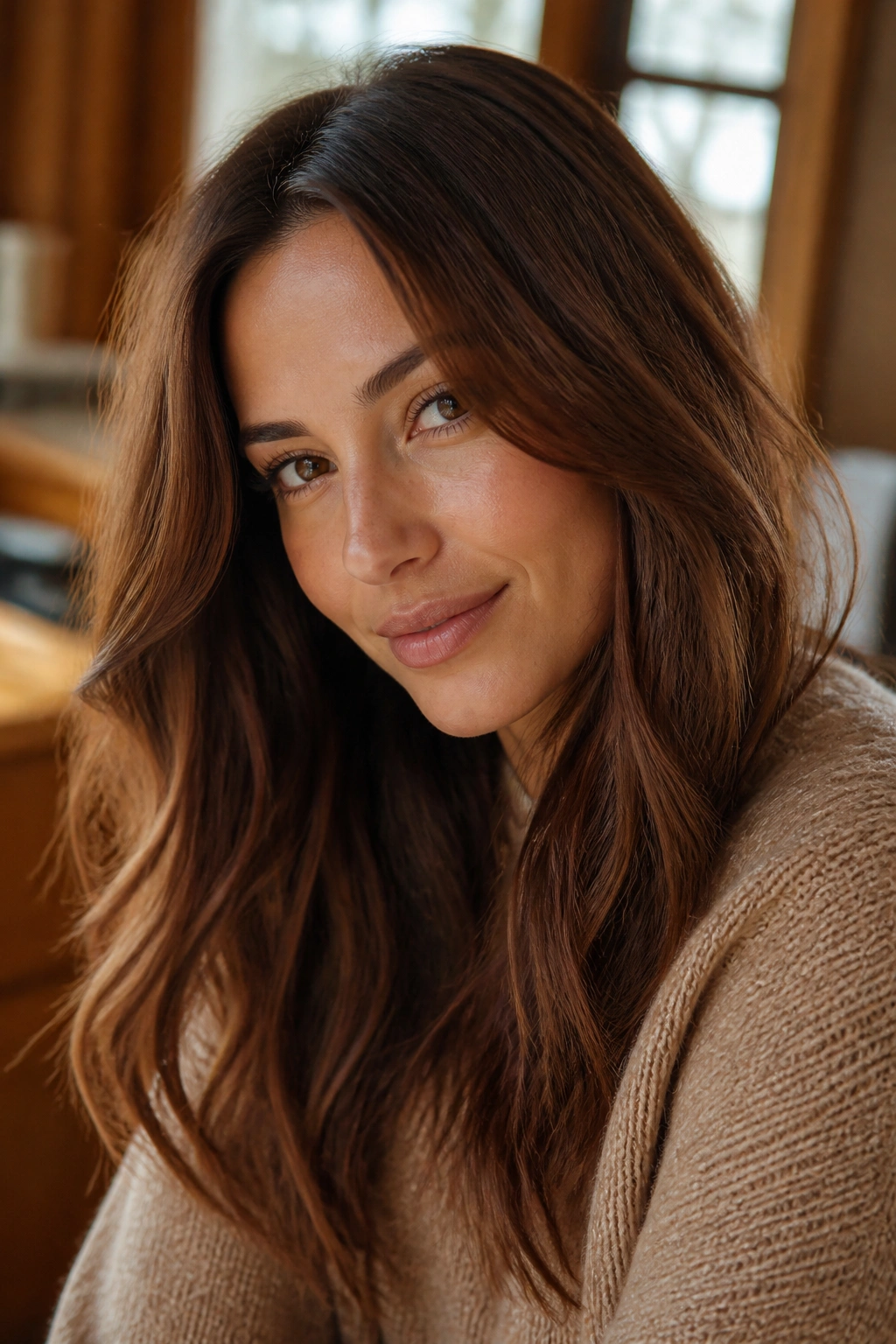 Close-up of a real woman with cinnamon brunette hair and warm highlights