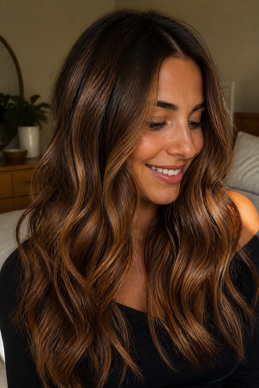 Close-up of cinnamon caramel waves on brunette hair