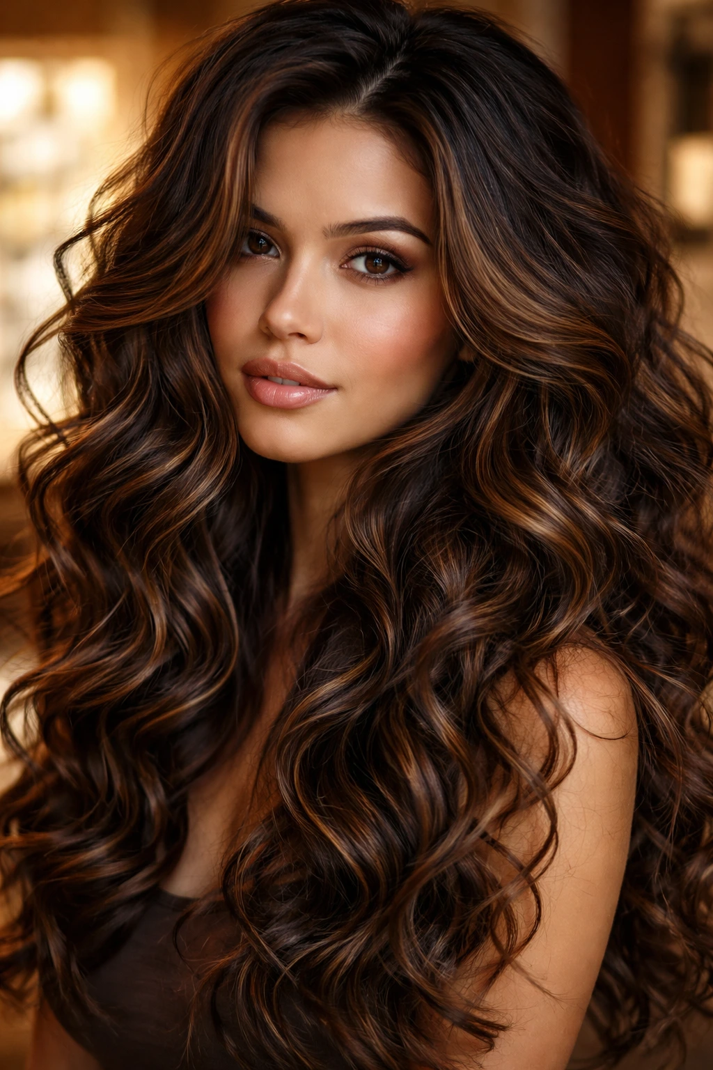 Close-up of curly hair with cinnamon and caramel dimension on a real person
